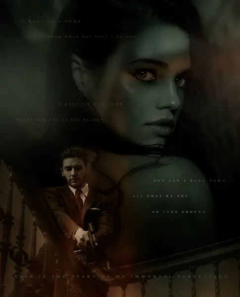 Эпиграф «Immortal perfection» — лицо героини и мужчина с оружием на лестнице